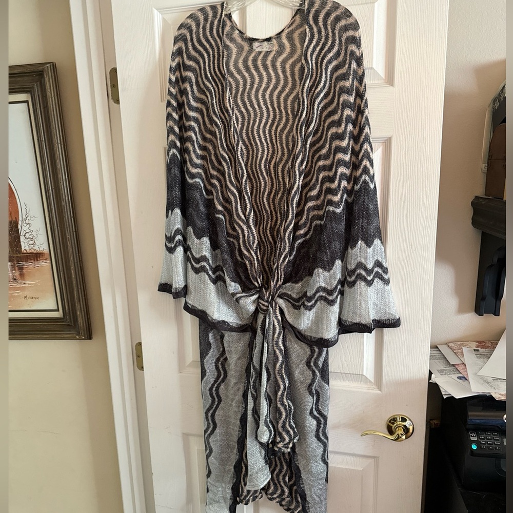 Free People OS Pharaoh Fine Knit Kimono Zig-Zag Pattern Silver Gray